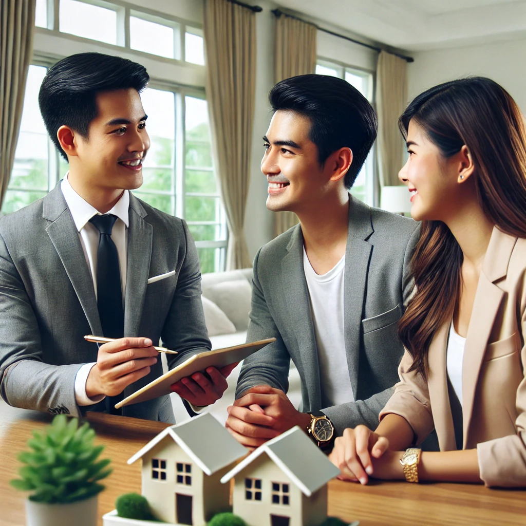 DALL·E 2025-02-23 10.24.12 – A professional Filipino real estate agent in a modern office, discussing home options with a Filipino couple. The setting is elegant and welcoming, r - Real Estate Photo DALL·E 2025-02-23 10.24.12 – A professional Filipino real estate agent in a modern office, discussing home options with a Filipino couple. The setting is elegant and welcoming, r | PH Realty